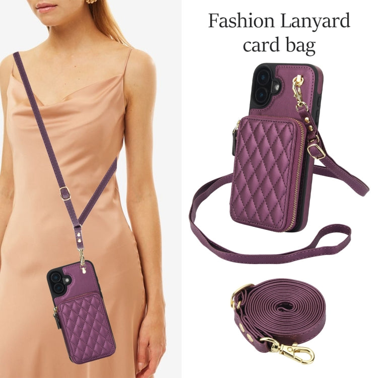 For iPhone 16 Plus AwQuer Crossbody Zipper Wallet Rhombic Leather Back Phone Case(Dark Purple) - iPhone 16 Plus Cases by Awquer | Online Shopping South Africa | PMC Jewellery | Buy Now Pay Later Mobicred