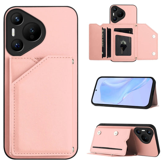 For Huawei Pura 70 Skin Feel Four Card Slots Phone Case with Wrist Strap(Pink) - Huawei Cases by PMC Jewellery | Online Shopping South Africa | PMC Jewellery | Buy Now Pay Later Mobicred