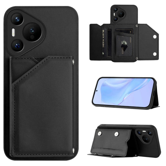 For Huawei Pura 70 Skin Feel Four Card Slots Phone Case with Wrist Strap(Black) - Huawei Cases by PMC Jewellery | Online Shopping South Africa | PMC Jewellery | Buy Now Pay Later Mobicred