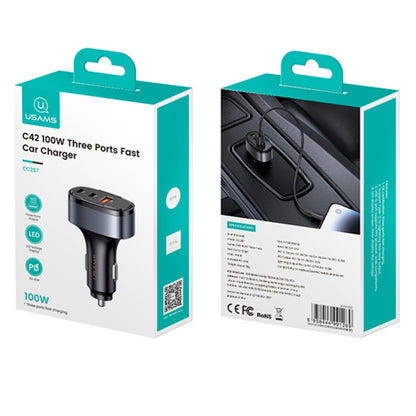 USAMS CC257 C42 100W USB, Type-C, 8 Pin Three Ports Car Fast Charger(Black) - Car Charger by USAMS | Online Shopping South Africa | PMC Jewellery | Buy Now Pay Later Mobicred