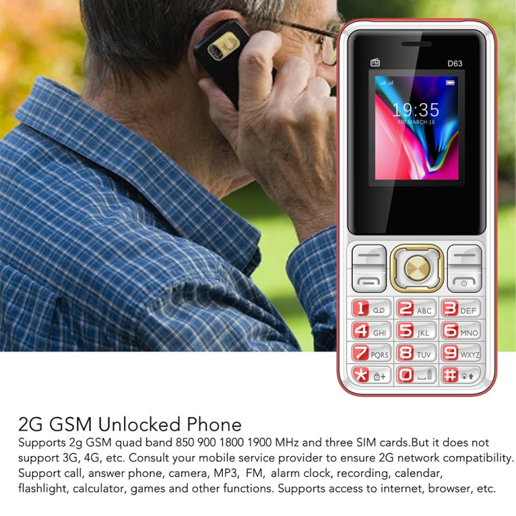 D63 Elder Keypad Phone, 1.77 inch, 3600mAh, SOS, FM, Dual SIM, GSM, Plug:US Plug(Red) - Others by PMC Jewellery | Online Shopping South Africa | PMC Jewellery | Buy Now Pay Later Mobicred