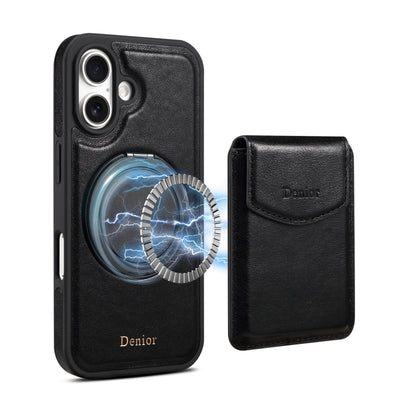 For iPhone 16 Plus Denior D22 Genuine Leather MagSafe Holder Detachable Card Slot Phone Case(Black) - iPhone 16 Plus Cases by Denior | Online Shopping South Africa | PMC Jewellery | Buy Now Pay Later Mobicred