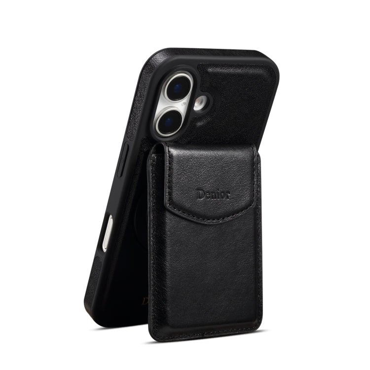 For iPhone 16 Plus Denior D22 Genuine Leather MagSafe Holder Detachable Card Slot Phone Case(Black) - iPhone 16 Plus Cases by Denior | Online Shopping South Africa | PMC Jewellery | Buy Now Pay Later Mobicred