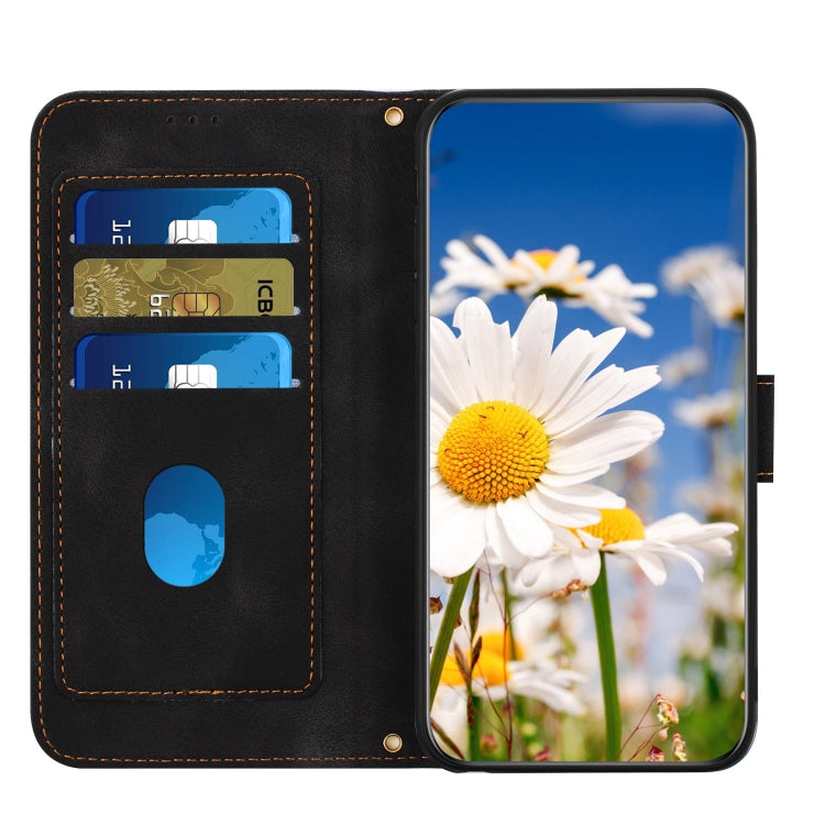 For iPhone 16e Floral Pattern Leather Phone Case with Lanyard(Black) - iPhone 16e Cases by PMC TechLife | Online Shopping South Africa | PMC TechLife | Buy Now Pay Later Mobicred