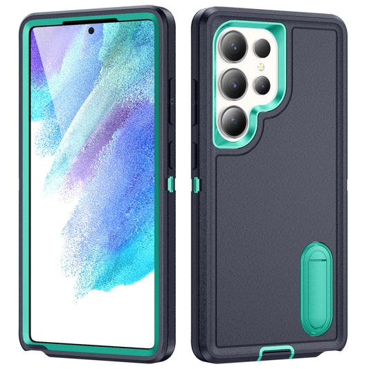 For Samsung Galaxy S25 Ultra 5G Rugged PC Hybrid Silicone Phone Case with Holder(Dark Blue+Light Green) - Galaxy S25 Ultra 5G Cases by PMC Jewellery | Online Shopping South Africa | PMC Jewellery | Buy Now Pay Later Mobicred