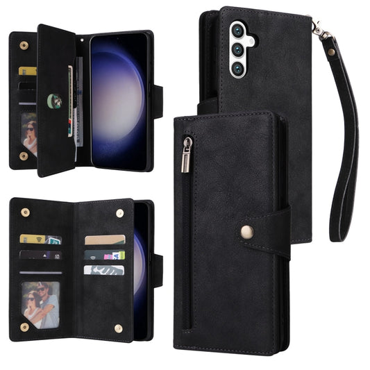 For Samsung Galaxy S25 5G Rivet Buckle 9 Cards Three Fold Leather Phone Case(Black) - Galaxy S25 5G Cases by PMC Jewellery | Online Shopping South Africa | PMC Jewellery | Buy Now Pay Later Mobicred