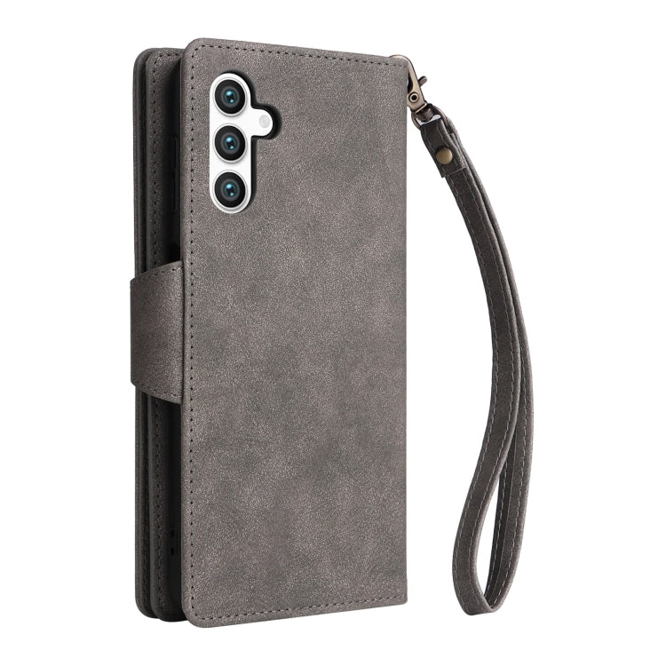 For Samsung Galaxy S25 5G Rivet Buckle 9 Cards Three Fold Leather Phone Case(Grey) - Galaxy S25 5G Cases by PMC Jewellery | Online Shopping South Africa | PMC Jewellery | Buy Now Pay Later Mobicred