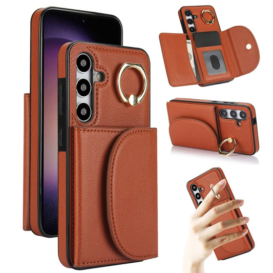 For Samsung Galaxy S25 5G Ring Holder Card Bag Skin Feel Phone Case(Brown) - Galaxy S25 5G Cases by PMC Jewellery | Online Shopping South Africa | PMC Jewellery | Buy Now Pay Later Mobicred