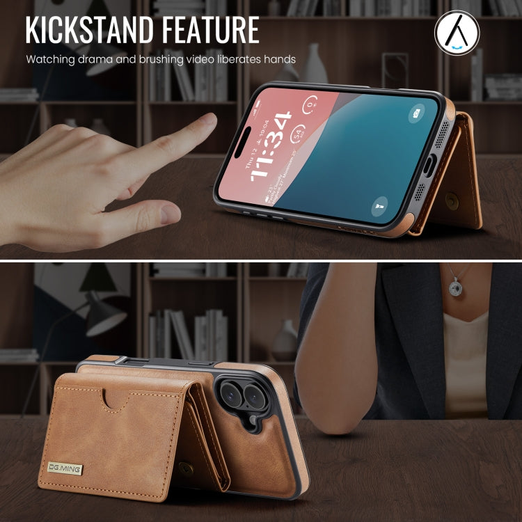 For iPhone 16 DG.MING M6 Series RFID Tri-fold Card Bag Removable Leather Phone Case(Brown) - iPhone 16 Cases by DG.MING | Online Shopping South Africa | PMC Jewellery | Buy Now Pay Later Mobicred