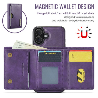 For iPhone 16 DG.MING M6 Series RFID Tri-fold Card Bag Removable Leather Phone Case(Purple) - iPhone 16 Cases by DG.MING | Online Shopping South Africa | PMC Jewellery | Buy Now Pay Later Mobicred