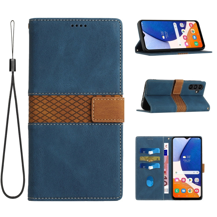 For Samsung Galaxy S25 5G Grid Stitching Leather Phone Case with Lanyard(Blue) - Galaxy S25 5G Cases by PMC Jewellery | Online Shopping South Africa | PMC Jewellery | Buy Now Pay Later Mobicred