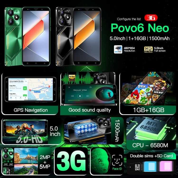 Povo6 Neo / DP29, 1GB+16GB, Face Identification, 5.0 inch Android 8.1 MTK6580M Quad Core, Network: 3G, Dual SIM, Plug:AU Plug(Black) - free shipping - PMc TechLife - Order now!