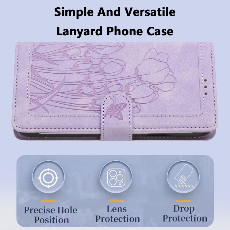 For Samsung Galaxy S25+ 5G Tulips Embossed Leather Phone Case with Lanyard(Purple) - Galaxy S25+ 5G Cases by PMC Jewellery | Online Shopping South Africa | PMC Jewellery | Buy Now Pay Later Mobicred