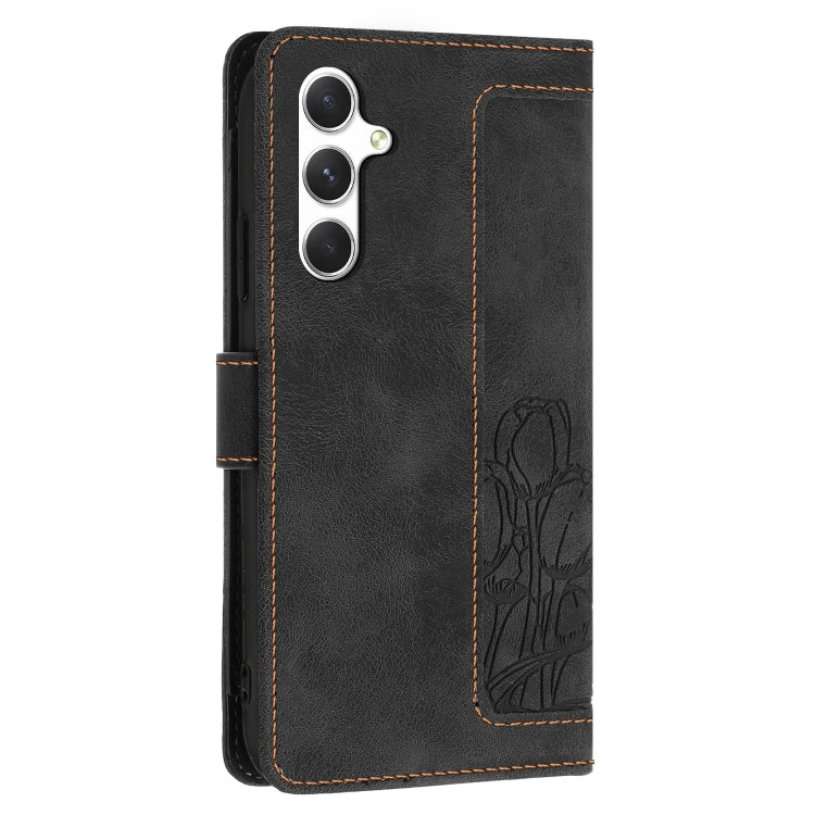 For Samsung Galaxy S25 5G Tulips Embossed Leather Phone Case with Lanyard(Black) - Galaxy S25 5G Cases by PMC Jewellery | Online Shopping South Africa | PMC Jewellery | Buy Now Pay Later Mobicred