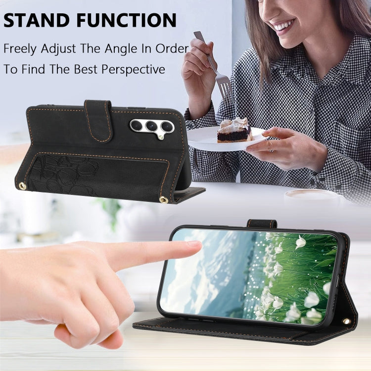For Samsung Galaxy S25 5G Tulips Embossed Leather Phone Case with Lanyard(Black) - Galaxy S25 5G Cases by PMC Jewellery | Online Shopping South Africa | PMC Jewellery | Buy Now Pay Later Mobicred