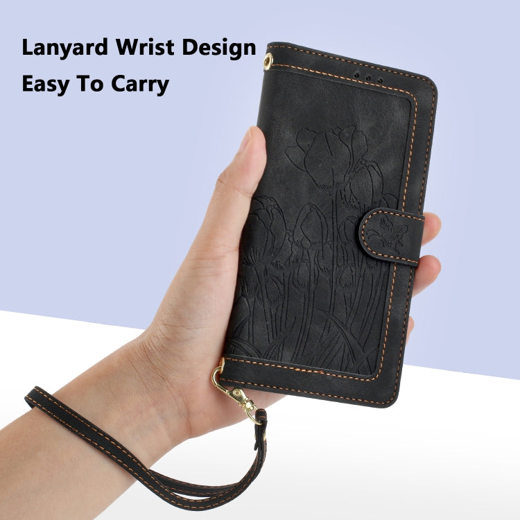 For Samsung Galaxy S25 5G Tulips Embossed Leather Phone Case with Lanyard(Black) - Galaxy S25 5G Cases by PMC Jewellery | Online Shopping South Africa | PMC Jewellery | Buy Now Pay Later Mobicred