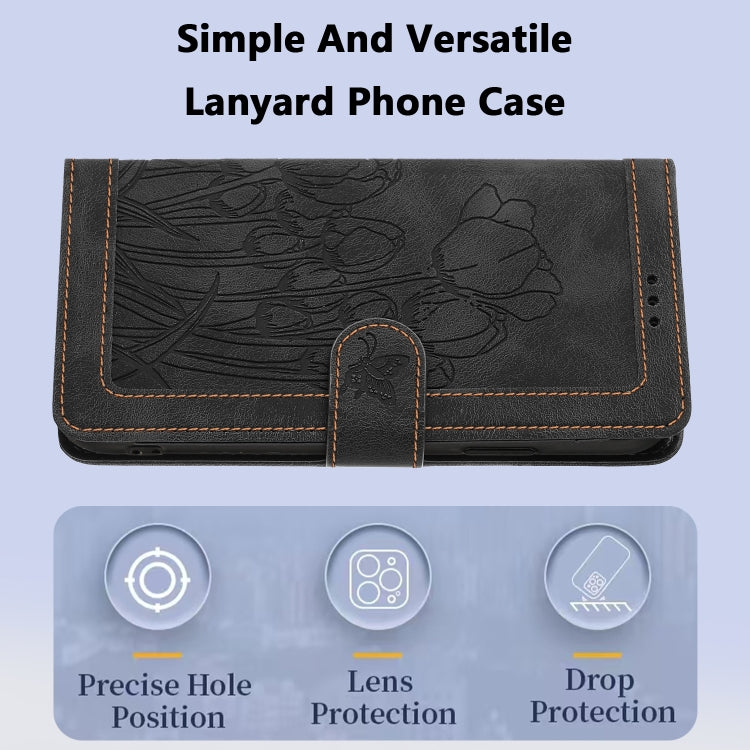 For Samsung Galaxy S25 5G Tulips Embossed Leather Phone Case with Lanyard(Black) - Galaxy S25 5G Cases by PMC Jewellery | Online Shopping South Africa | PMC Jewellery | Buy Now Pay Later Mobicred