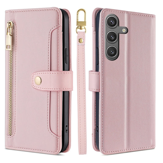 For Samsung Galaxy S25 5G Sheep Texture Cross-body Zipper Wallet Leather Phone Case(Pink) - Galaxy S25 5G Cases by PMC Jewellery | Online Shopping South Africa | PMC Jewellery | Buy Now Pay Later Mobicred