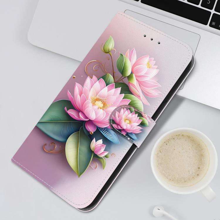 For iPhone 16e Crystal Texture Colored Drawing Leather Phone Case(Lotus) - iPhone 16e Cases by PMC TechLife | Online Shopping South Africa | PMC TechLife | Buy Now Pay Later Mobicred