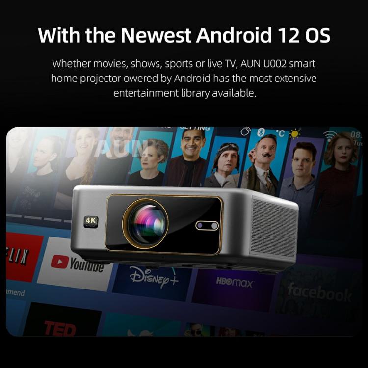 AUN U002 1920x1080P 970ANSI Android 12 Home Theater Smart Projector, EU Plug(Dark Grey) - LED Projector by AUN | Online Shopping South Africa | PMc TechLife | Buy Now Pay Later Mobicred
