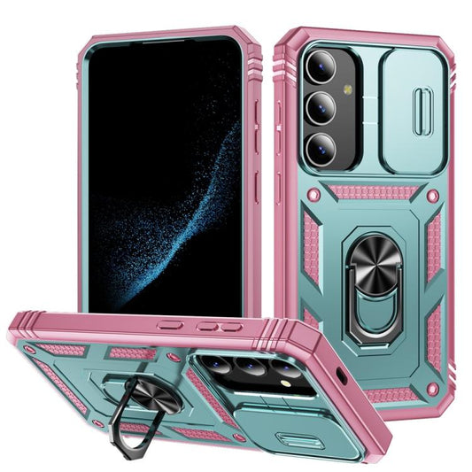 For Samsung Galaxy S25 5G Sliding Camshield TPU Hybrid PC Phone Case with Holder(Green+Pink) - Galaxy S25 5G Cases by PMC Jewellery | Online Shopping South Africa | PMC Jewellery | Buy Now Pay Later Mobicred