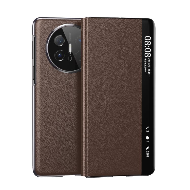 For Huawei Mate X6 Electroplating Litchi Pattern Grain Leather Smart Window MagSafe Phone Leather Case(Coffee) - Huawei Cases by PMC TechLife | Online Shopping South Africa | PMC TechLife | Buy Now Pay Later Mobicred