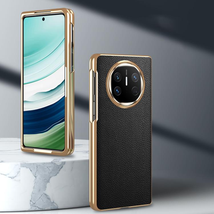 For Huawei Mate X6 Electroplated Litchi Pattern Phone Leather Case with Glass Lens(Blue) - Huawei Cases by PMC TechLife | Online Shopping South Africa | PMC TechLife | Buy Now Pay Later Mobicred
