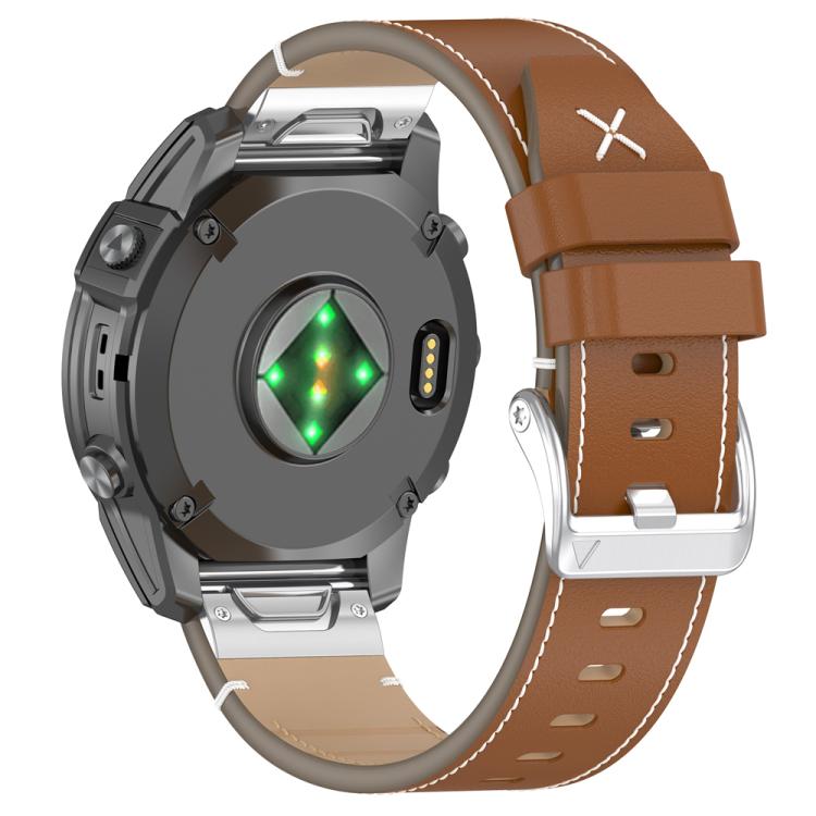 For Garmin Watch 22mm Stitched Genuine Leather Quick Release Watch Band(Brown Silver) - free shipping - PMC TechLife - Order now!
