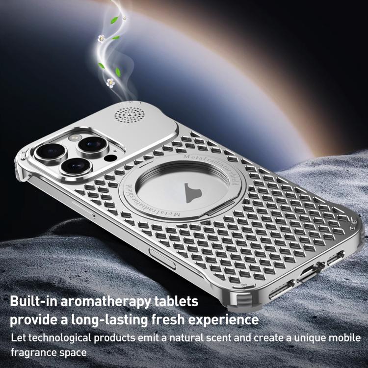 For iPhone 16 Pro R-JUST RJ-64 Aromatherapy Heat Dissipation MagSafe Phone Case with Stand(Silver) - free shipping - PMc TechLife - Order now!