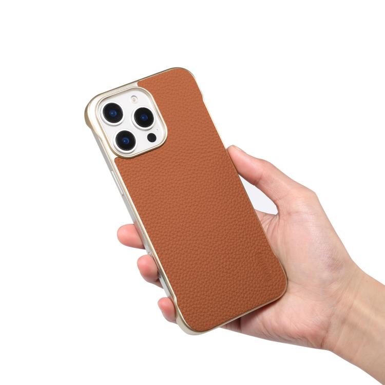 For iPhone 14 Pro Denior A20 Genuine Leather Litchi Texture MagSafe Frameless Phone Case(Brown) - free shipping - PMc TechLife - Order now!