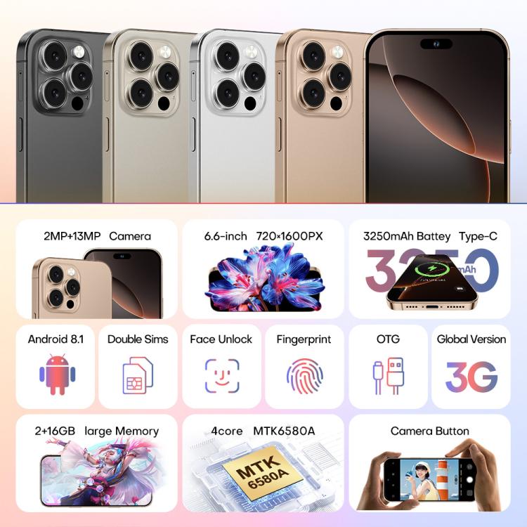 A88 / i16 Pro Max, 2GB+16GB, 6.6 inch Android 8.1 MTK6580A Quad Core, OTG, Network: 3G, Dual SIM, Plug:EU Plug(Titanium Grey) - free shipping - PMc TechLife - Order now!