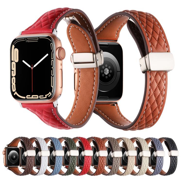 For Apple Watch 42mm / 41mm / 40mm / 38mm Kalebol Diamond Pattern Magnetic Buckle Leather Strap(White) - Watch Bands by Kalebol | Online Shopping South Africa | PMC TechLife | Buy Now Pay Later Mobicred
