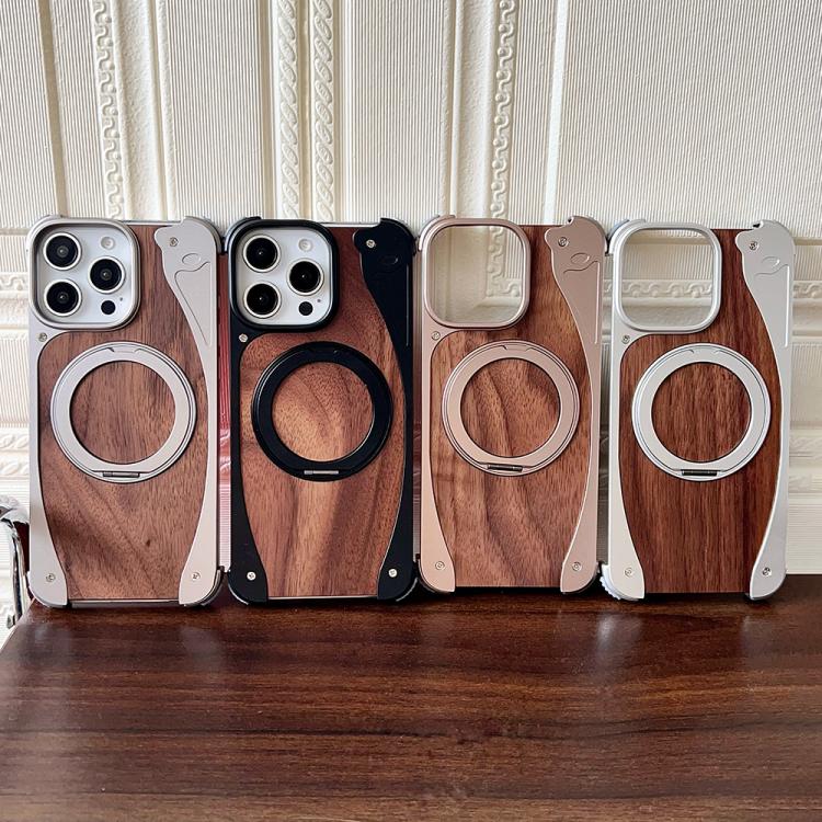 For iPhone 16 Pro Max Walnut Metal Frameless 360 Degree Rotation Holder MagSafe Phone Case(Silver) - free shipping - PMC TechLife - Order now!