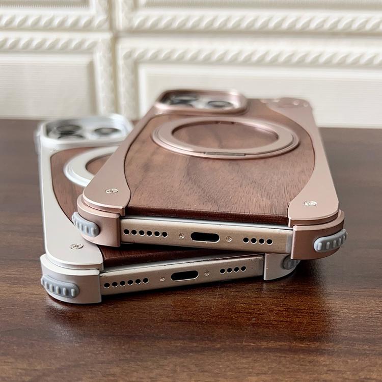 For iPhone 15 Pro Walnut Metal Frameless 360 Degree Rotation Holder MagSafe Phone Case(Silver) - free shipping - PMC TechLife - Order now!
