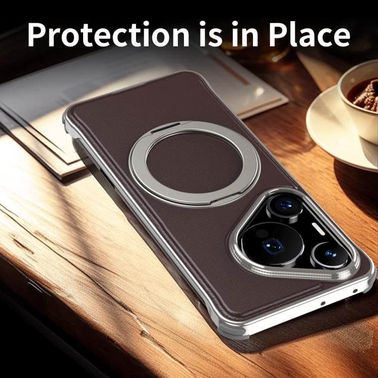 For Huawei Pura 70 Metal Frameless Plain Leather MagSafe Holder Phone Case(Brown) - free shipping - PMC TechLife - Order now!