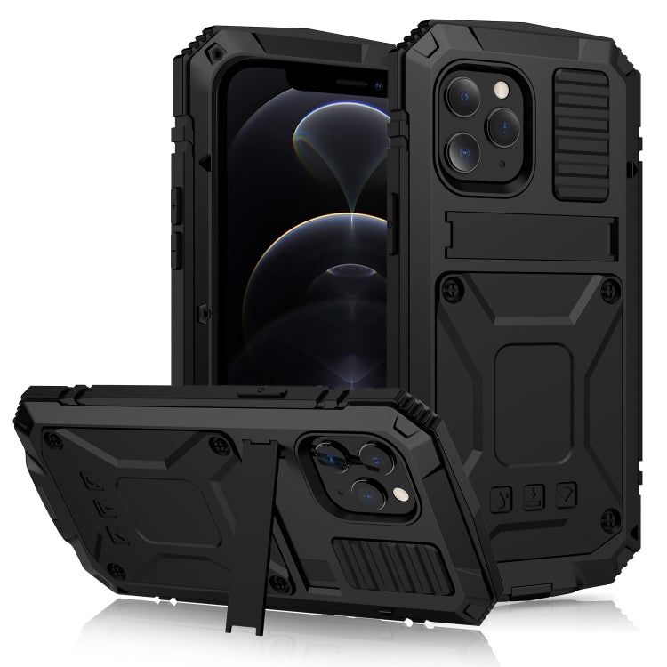 For iPhone 12 / 12 Pro R-JUST Shockproof Waterproof Dust-proof Metal + Silicone Protective Case with Holder(Black) - free shipping - PMC TechLife - Order now!