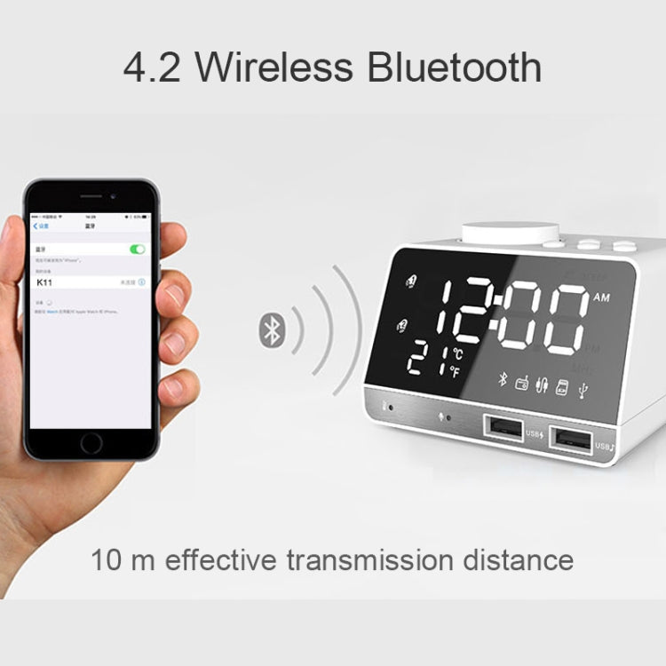 K11 Bluetooth Alarm Clock Speaker Creative Digital Music Clock Display Radio with Dual USB Interface, Support U Disk / TF Card / FM / AUX, EU Plug(White) - Alarm Clocks by PMc TechLife | Online Shopping South Africa | PMc TechLife | Buy Now Pay Later Mobicred