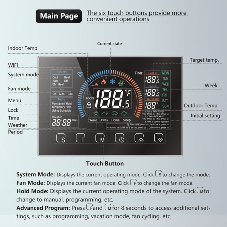 BHP-8000-B 3H2C Smart Home Heat Pump Round Room Mirror Housing Thermostat with Adapter Plate & no WiFi, AC 24V(Black) - Thermostat & Thermometer by PMC Jewellery | Online Shopping South Africa | PMC Jewellery | Buy Now Pay Later Mobicred