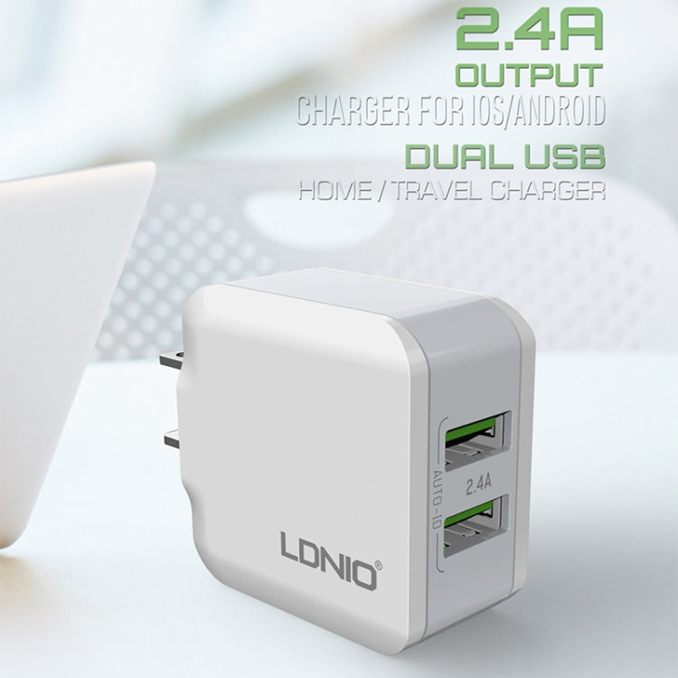 LDNIO A2201 2.4A Dual USB Charging Head Travel Direct Charge Mobile Phone Adapter Charger With 8 Pin Data Cable(EU Plug) - USB Charger by LDNIO | Online Shopping South Africa | PMC Jewellery | Buy Now Pay Later Mobicred