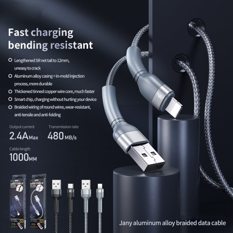 REMAX RC-124i 1m 2.4A USB to 8 Pin Aluminum Alloy Braid Fast Charging Data Cable for iPhone, iPad(Black) - Normal Style Cable by REMAX | Online Shopping South Africa | PMC Jewellery | Buy Now Pay Later Mobicred