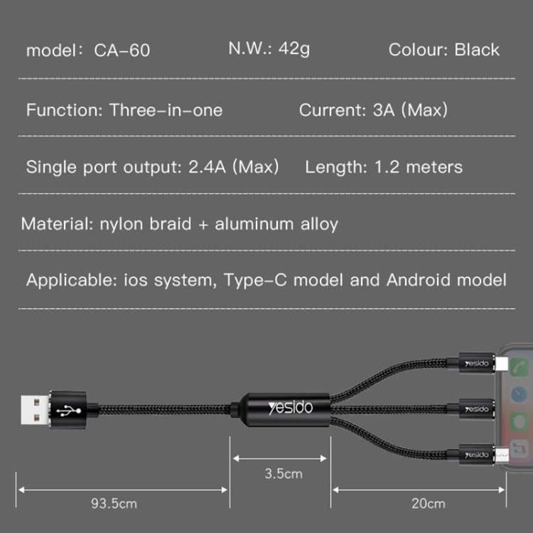 Yesido CA60 3A USB to 8 Pin + Micro USB + USB-C / Type-C Charging Cable, Length: 1.2m - Multifunction Cable by Yesido | Online Shopping South Africa | PMC Jewellery | Buy Now Pay Later Mobicred