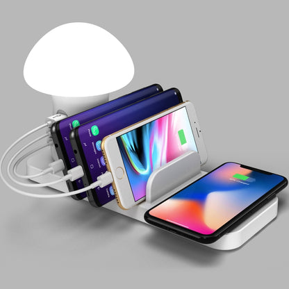 HQ-UD12 Universal 4 in 1 40W QC3.0 3 USB Ports + Wireless Charger Mobile Phone Charging Station with Mushroom Shape LED Light, Length: 1.2m, UK Plug(White) - Multifunction Charger by PMC Jewellery | Online Shopping South Africa | PMC Jewellery | Buy Now Pay Later Mobicred