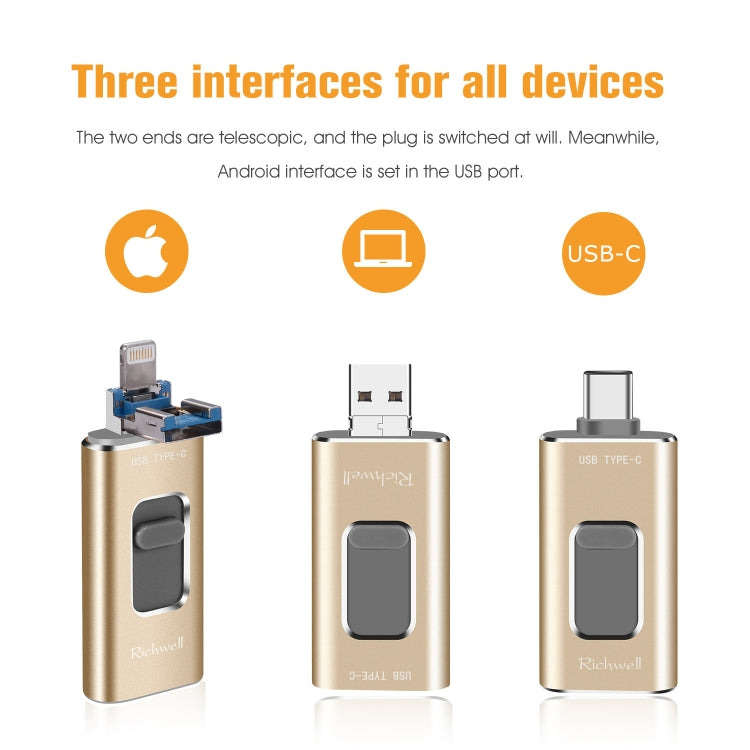 Richwell 3 in 1 16G Type-C + 8 Pin + USB 3.0 Metal Push-pull Flash Disk with OTG Function(Black) - free shipping - PMC Jewellery - Order now!