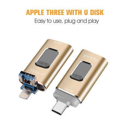 Richwell 3 in 1 16G Type-C + 8 Pin + USB 3.0 Metal Push-pull Flash Disk with OTG Function(Gold) - U Disk & Card Reader by Richwell | Online Shopping South Africa | PMC Jewellery | Buy Now Pay Later Mobicred