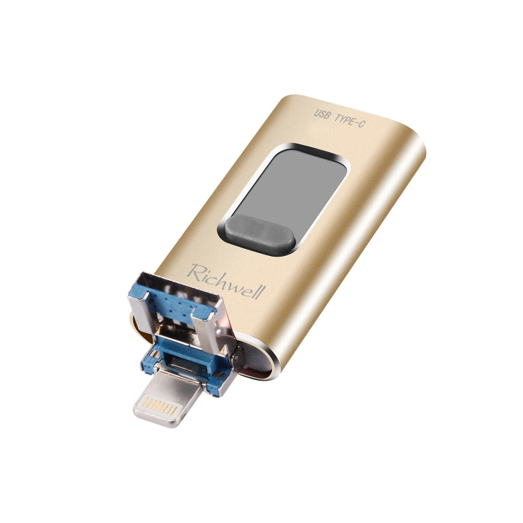 Richwell 3 in 1 64G Type-C + 8 Pin + USB 3.0 Metal Push-pull Flash Disk with OTG Function(Gold) - free shipping - PMC Jewellery - Order now!
