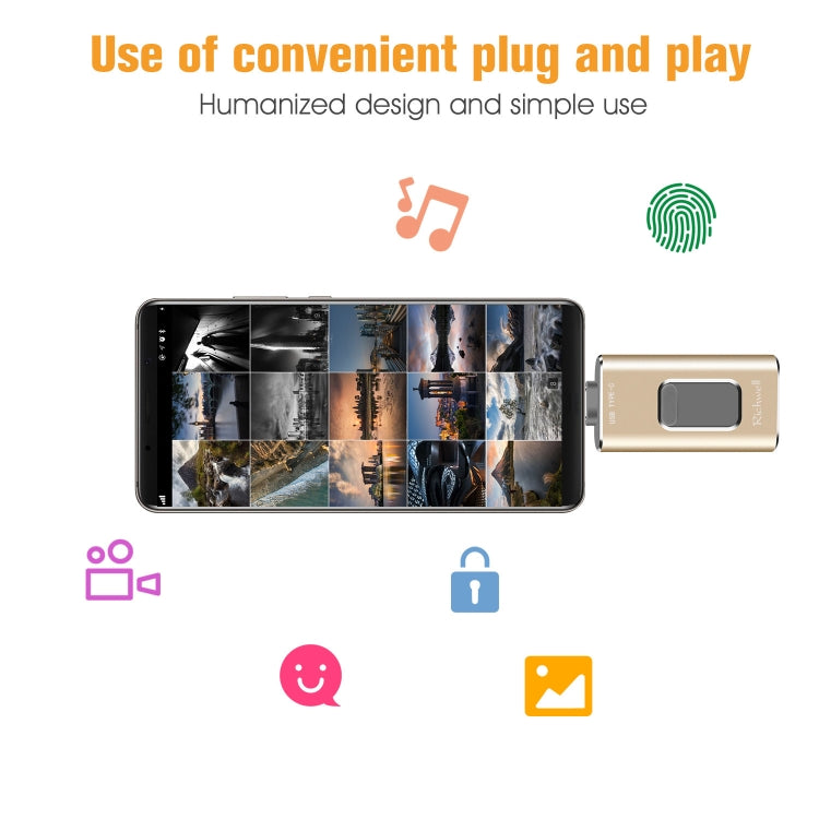 Richwell 3 in 1 64G Type-C + 8 Pin + USB 3.0 Metal Push-pull Flash Disk with OTG Function(Gold) - free shipping - PMC Jewellery - Order now!