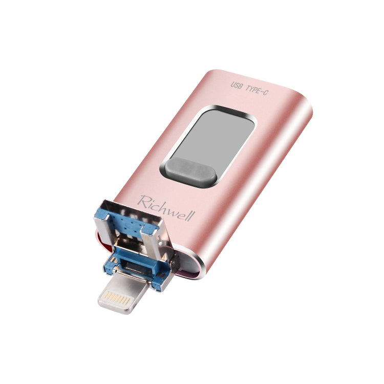 Richwell 3 in 1 64G Type-C + 8 Pin + USB 3.0 Metal Push-pull Flash Disk with OTG Function(Rose Gold) - free shipping - PMC Jewellery - Order now!