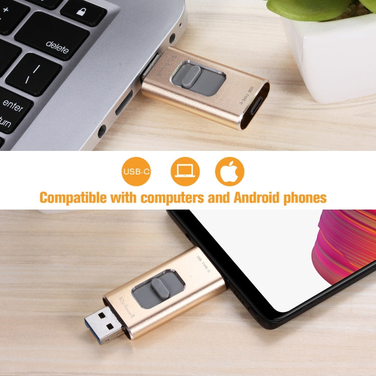 Richwell 3 in 1 64G Type-C + 8 Pin + USB 3.0 Metal Push-pull Flash Disk with OTG Function(Rose Gold) - free shipping - PMC Jewellery - Order now!