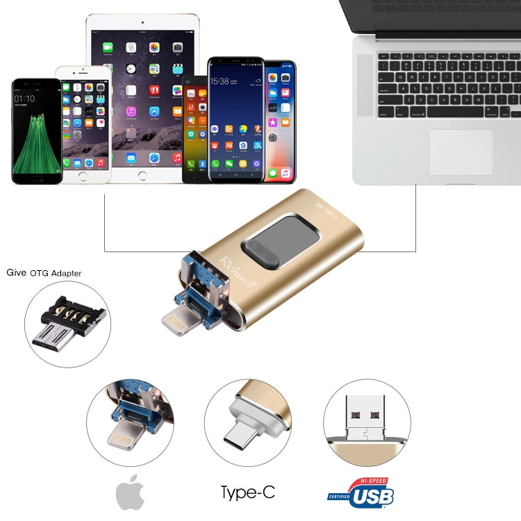 Richwell 3 in 1 128G Type-C + 8 Pin + USB 3.0 Metal Push-pull Flash Disk with OTG Function(Silver) - free shipping - PMC Jewellery - Order now!