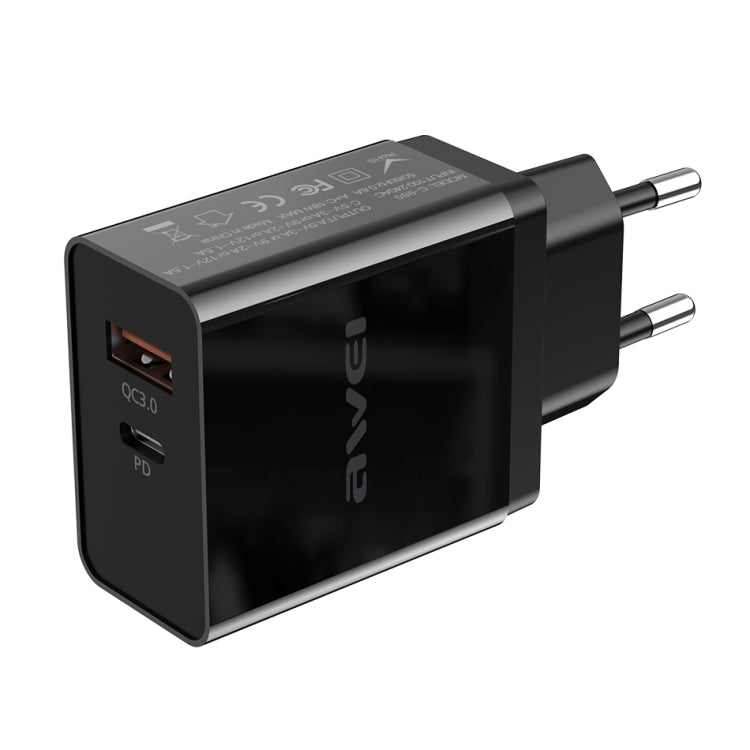 awei C-980 18W PD USB-C / Type-C + QC 3.0 USB Interface Fast Charging Travel Charger, EU Plug(Black) - USB Charger by awei | Online Shopping South Africa | PMC Jewellery | Buy Now Pay Later Mobicred